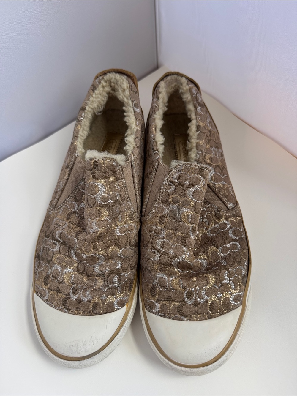 Coach Beige/Tan Signature Slip-On Sneakers with Shearling Trim